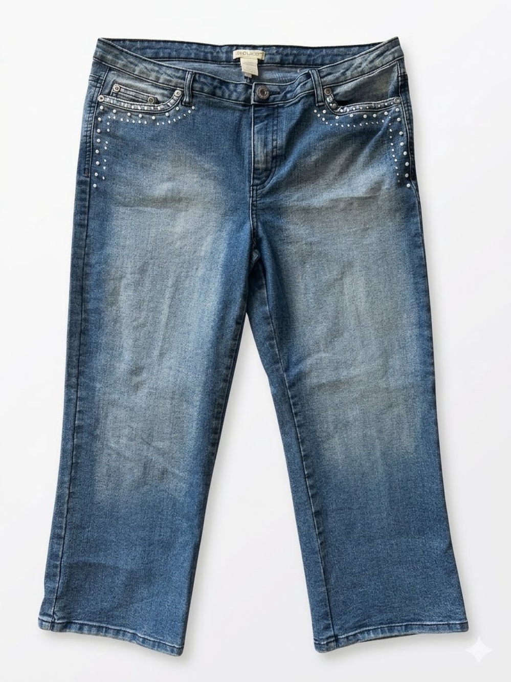 Y2K Embellished Denim Capri | Studded Rhinestone Boho Festival Jeans | Size 17